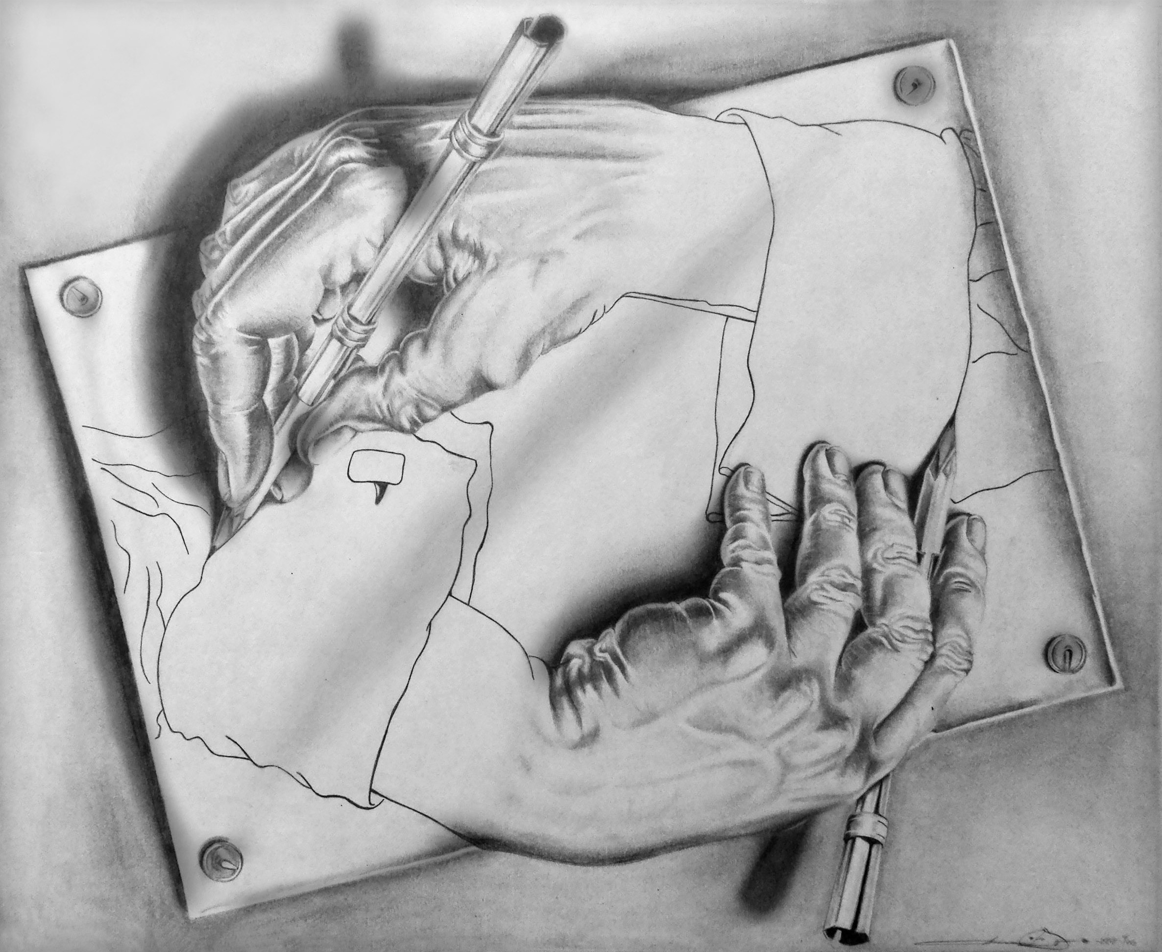  "Drawing Hands", lithograph, by M. C. Escher, first printed in January 1948 